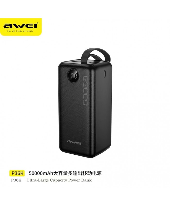 Awei P36K Powerful Power Bank 50000mAh PD Spare External Battery High Speed Charge Portable Powerbank With LED Digital Display